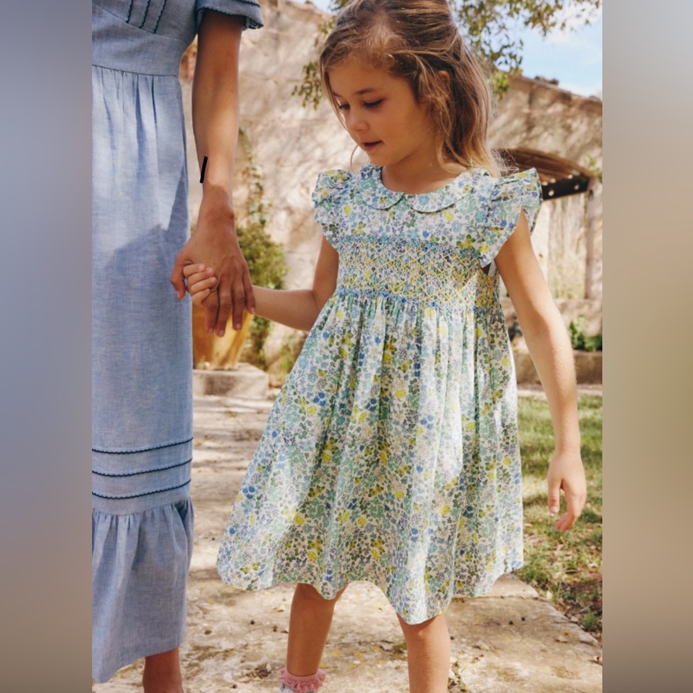 EUC Mini Boden Adeline Blue and Yellow smocked Floral Dress